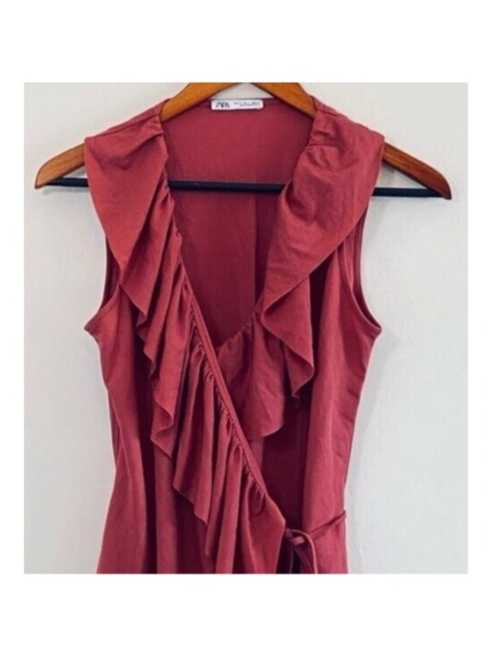 ZARA Dress Womens Small Pink Blush Mini V Neck Wrap Ruffle Self Tie Summer Light